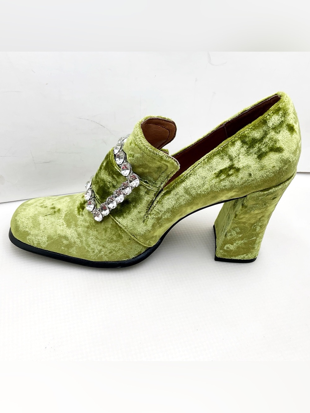🆕{Jeffery Campbell} Velvet Chunky Rhinestone Buckle Heel Loafers - Picture 4 of 16